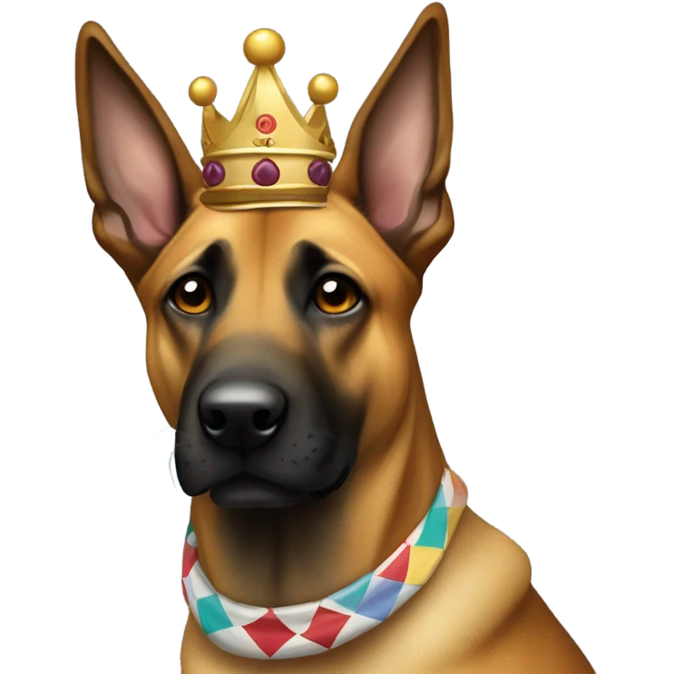 A malinois harlequin color with a crown on his head emoji