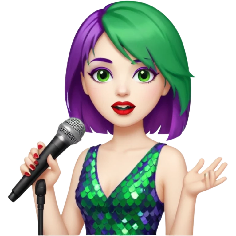 female joker with dress, microphone, singing emoji