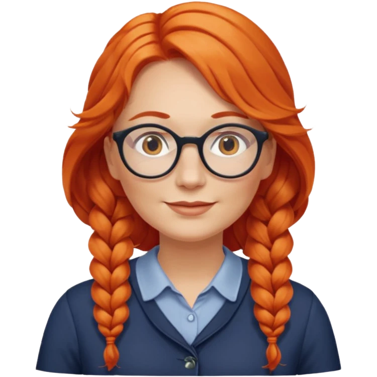 Norwegian woman, middle-aged, long wavy orange-red hair in a single side braid, large round glasses, friendly look emoji