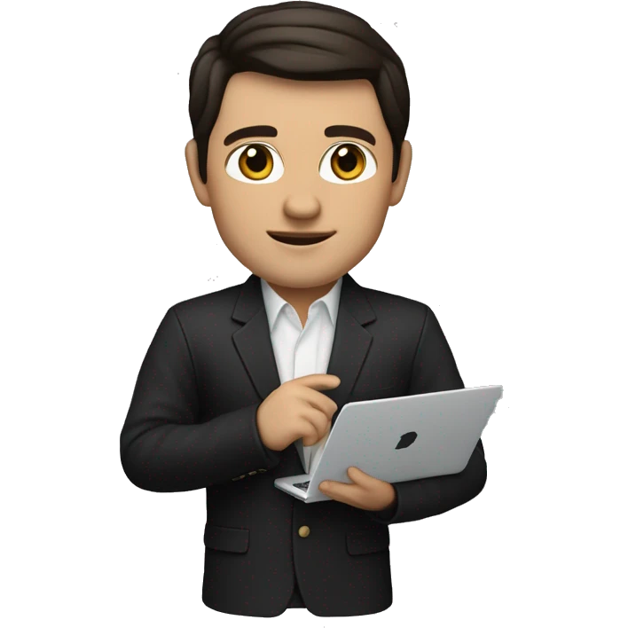     memoji of a realtor with a laptop in front, apple-style,modern,dark hair,black sweater,computer in hand,white skin, an avatar image gonna be round  emoji