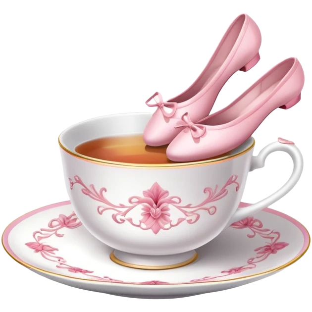 Elegant china tea cup with saucer wearing pink ballet slippers and performing an arabesque emoji