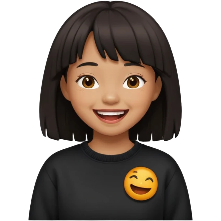 Asian girl in black fringed swearshirt, laughing emoji