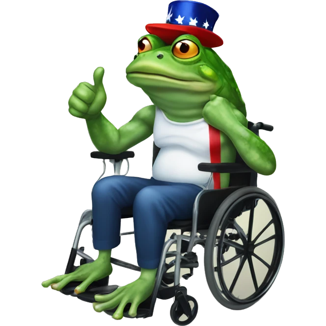 Angry frog with 'Trump 2024' hat on wheelchair and thumbs up emoji