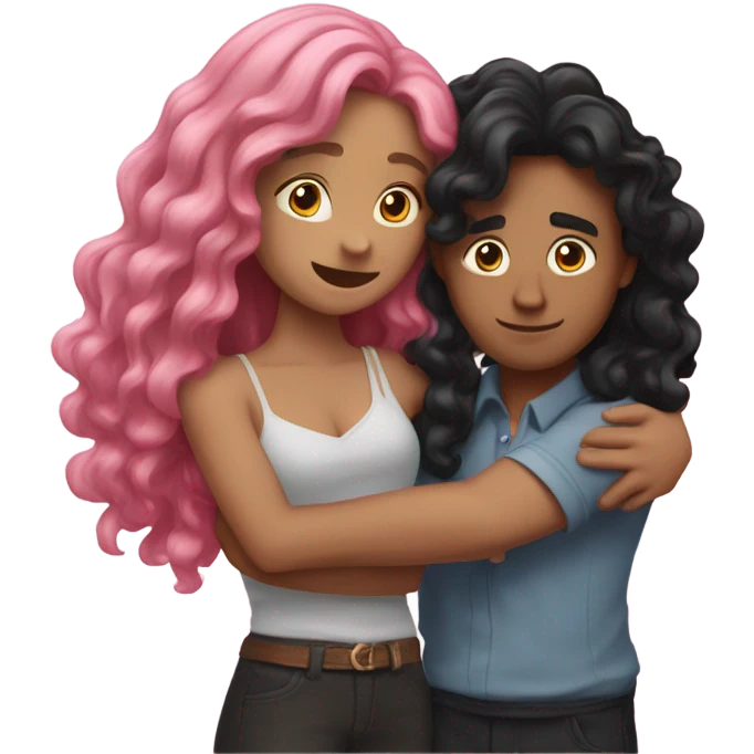 make a guy and a girl, they are hugging, the girl has pink long wavy hair. The guy has black hair and light skin. They are facing each other emoji