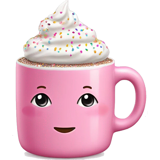 Glossy pink mug with hot chocolate and whipped cream on top with sprinkles  emoji