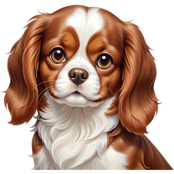 Cinematic Cute Blenheim Cavalier King Charles Spaniel Portrait Emoji, Head tilted playfully and inquisitively, silky Blenheim coat with warm chestnut and crisp white patches, round, sparkling brown eyes filled with curiosity, Simplified yet irresistibly adorable features, highly detailed, glowing with a warm, friendly glow, high shine, affectionate and lively, stylized with a touch of whimsy, bright and endearing, soft glowing outline, capturing the essence of a mischievous yet loving pup, so playful it feels like it could pounce out of the screen and into your arms! emoji