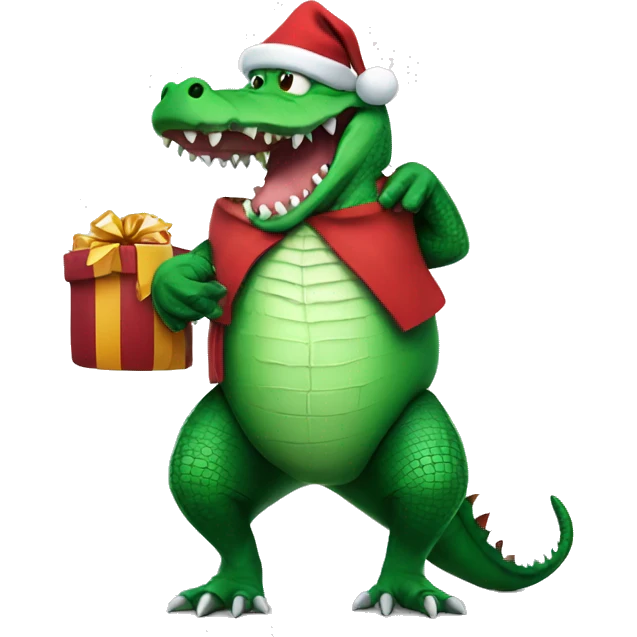 Scary looking Crocodile wearing a Santa outfit carrying a sack of gifts  emoji