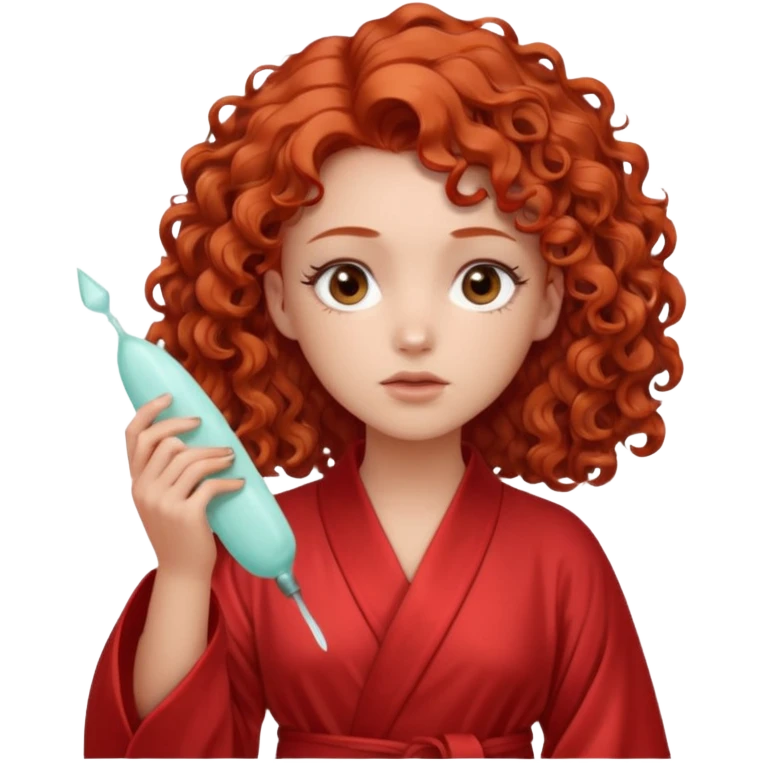 Cartoon emoji of a girl with voluminous curly red hair, fair skin, warm brown eyes. Wearing a chic milky silk robe with long sleeves, no makeup. Portrait mode, holding a gua sha, looking doubtful and unsure. Smooth, simple, stylized." emoji