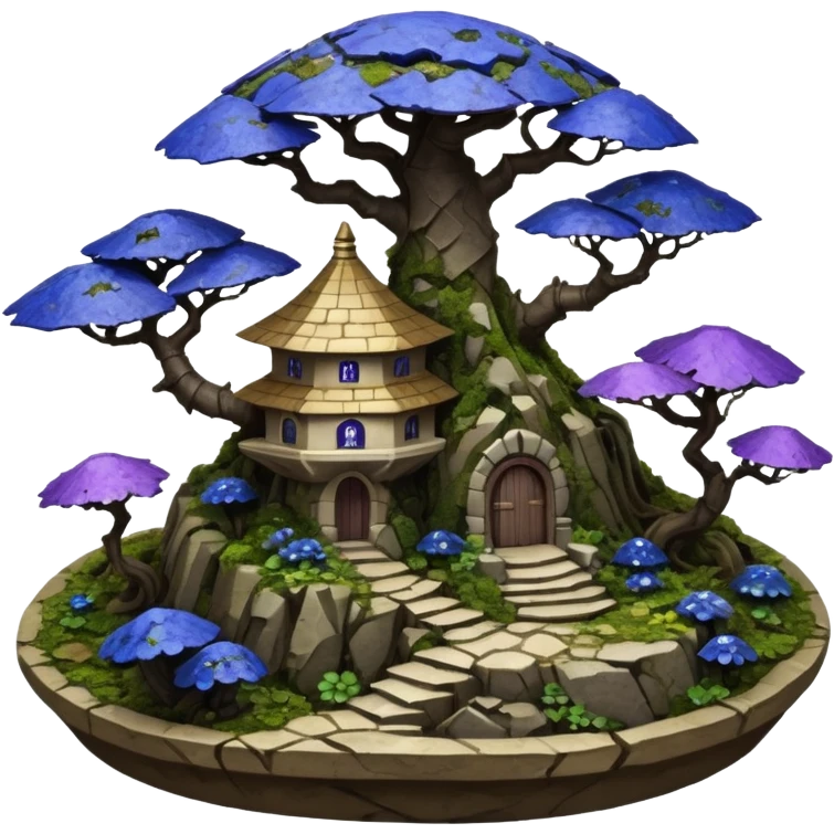  Ancient saucer-castle-house jungle winding trail mountainside getaway haunted nighttime landscape antique mudman very old broken cracked intricately detailed Stone Age lapis-crusted irregular dodecagon-shaped shallow dark moss rough bark violet flowered maple bonsai Saikei scene  emoji