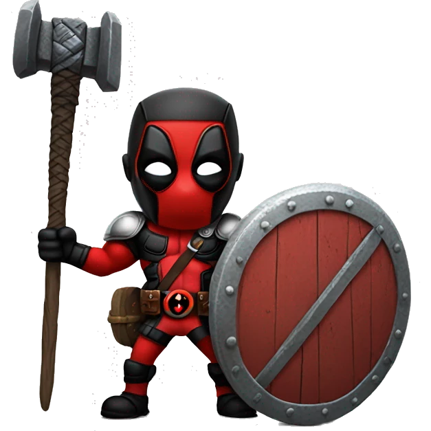 Deadpool holding Viking shield and thors hammer emoji