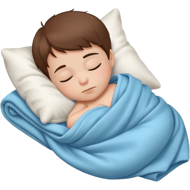 Baby boy with brown hair, white skin, sleeping with blanket and pillows emoji