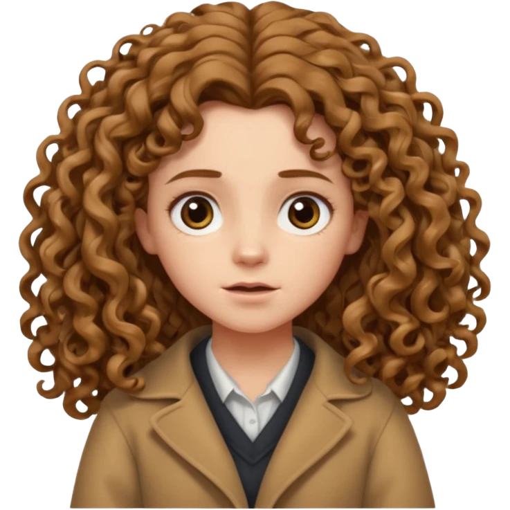 hermione shrugging, long light brown very curly voluminous hair, reaching below the shoulders, thick and full curls, messy natural texture, cartoon emoji style. emoji