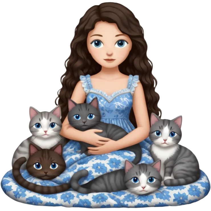 detailed realistic looking a dark grey and white cat regally laying with six other cats, cuddling with their owner in bed who is a pretty bratz lightly tanned white girl with long dark brown hair, blue eyes and gorgeous long wavy hair wearing a pretty detailed dress emoji