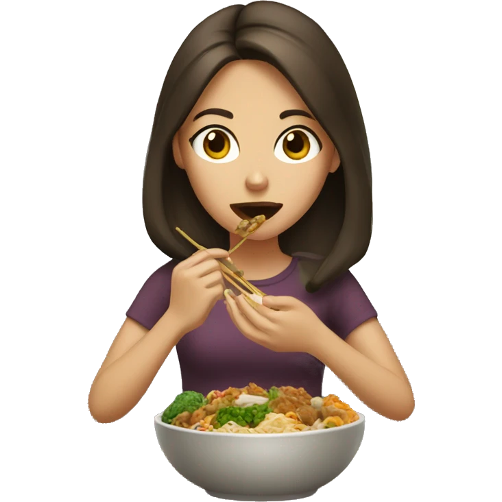 Brunette girl eating Asian food emoji