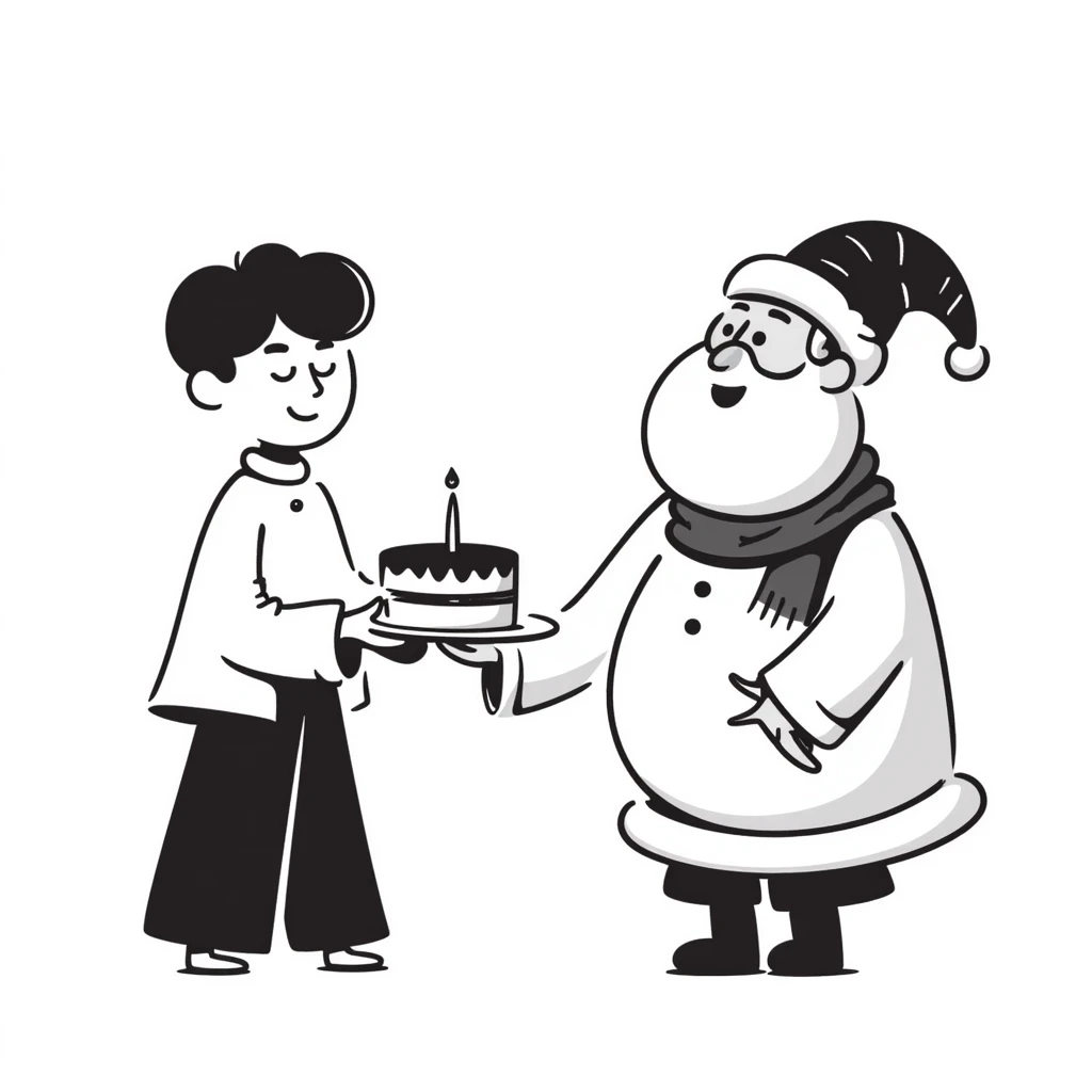 An Asian boy holding a small cake with a candle, Santa Claus in the background emoji