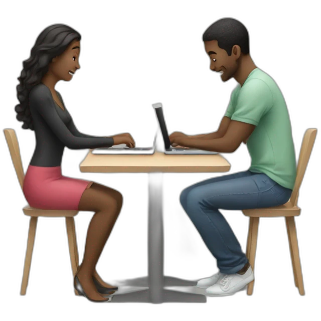 two people sitting across a table using macbooks emoji