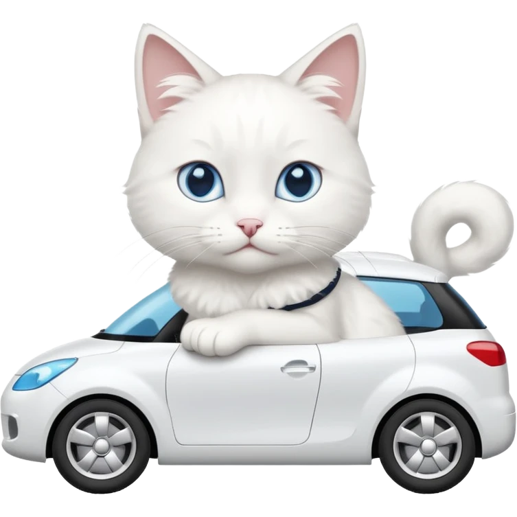 Please create a small emoji the size of 🚗 featuring a pure white cat with blue eyes on a white car viewed from side. Again it is necessary that the emoji must be extremely small, much smaller than a standard sized sticker. emoji