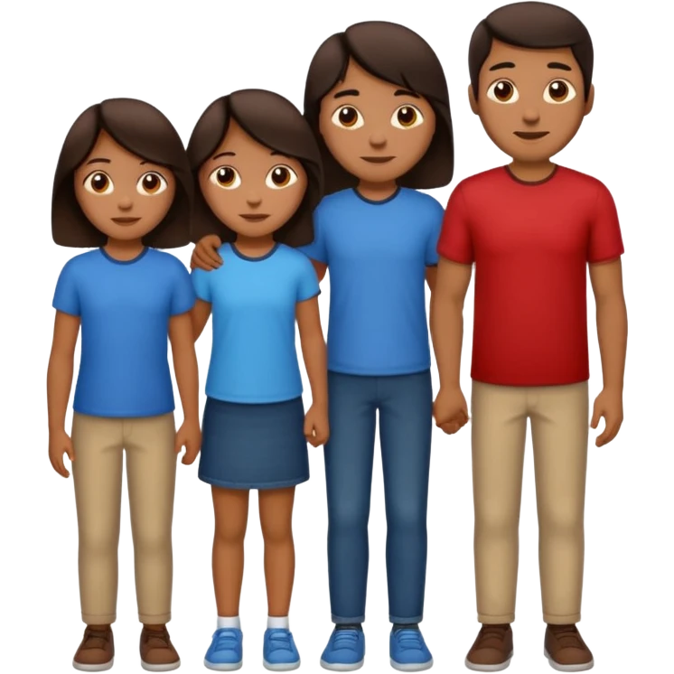 Make the daughter look younger and smaller than her two brothers. Keep the family as one mom, one dad, two sons, and one daughter, all with medium skin and dark brown hair, in apple emoji style. emoji