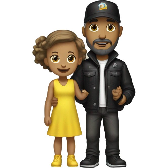 White-skinned man with stubble, gray beard, brown hair, black eyes, black Reebok cap, leather jacket, holding infant girl in yellow dress with yellow bow. emoji