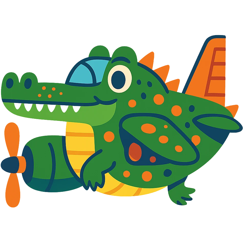 whimsical crocodile with bomber plane features, such as a cockpit and tail fin emoji