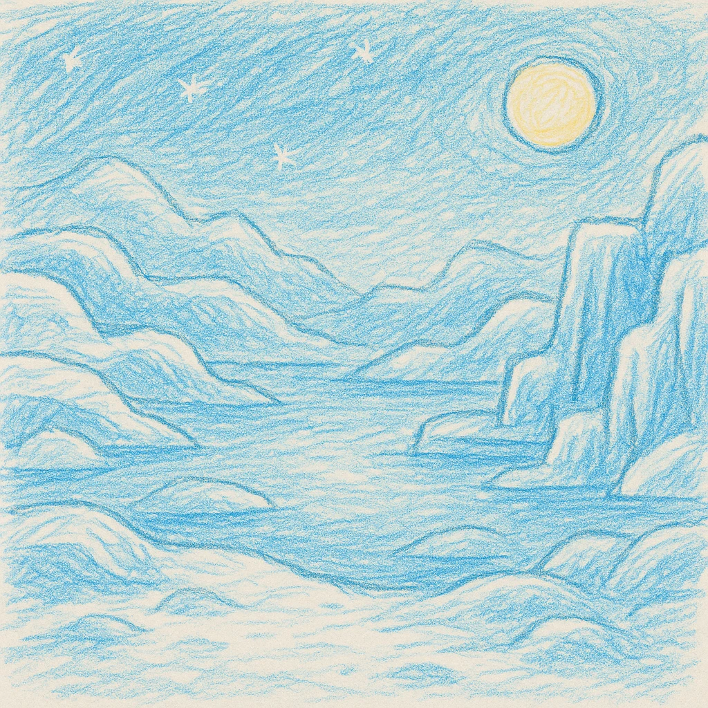 whimsical icy planet landscape for a children's book page, soft blue and white tones, gentle snow, shimmering ice, large open area for text, no characters, friendly and magical atmosphere emoji