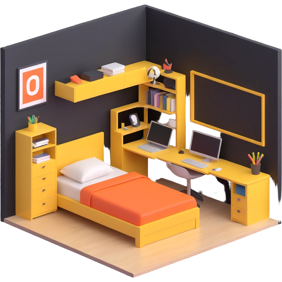 3D layout of teen bedroom with bed against wall, corner desk, and storage units emoji