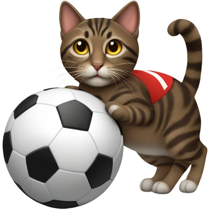 dark brown tabby cat playing soccer in a red soccer jersey emoji