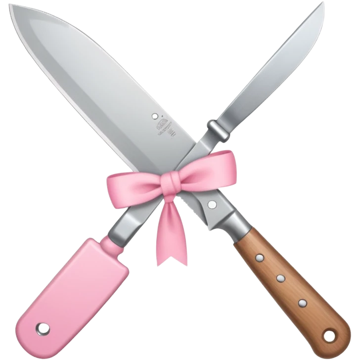 Emoji style illustration of a kitchen knife with a cute pink bow tied around the handle, minimalistic, clean design, white background, soft colors, flat vector style, kawaii emoji emoji