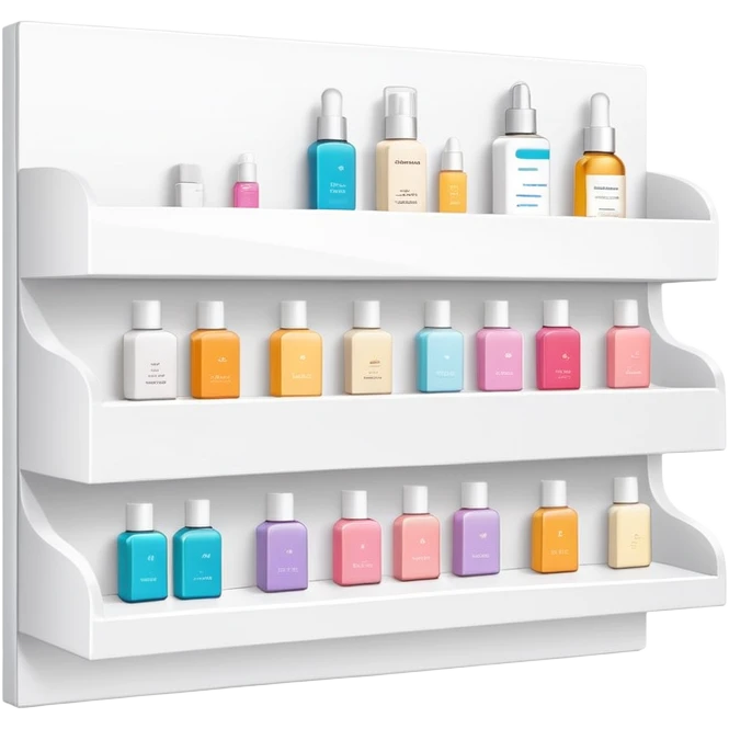 big long white shelf with one serum bottle labeled beauty brand and large sticky note next to it emoji