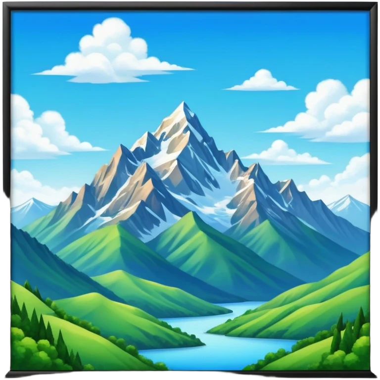 The background showcases majestic mountains, lush green valleys, and a bright blue sky with fluffy clouds. The sun casts warm light over the landscape, emphasizing the beauty of outdoor cycling. emoji