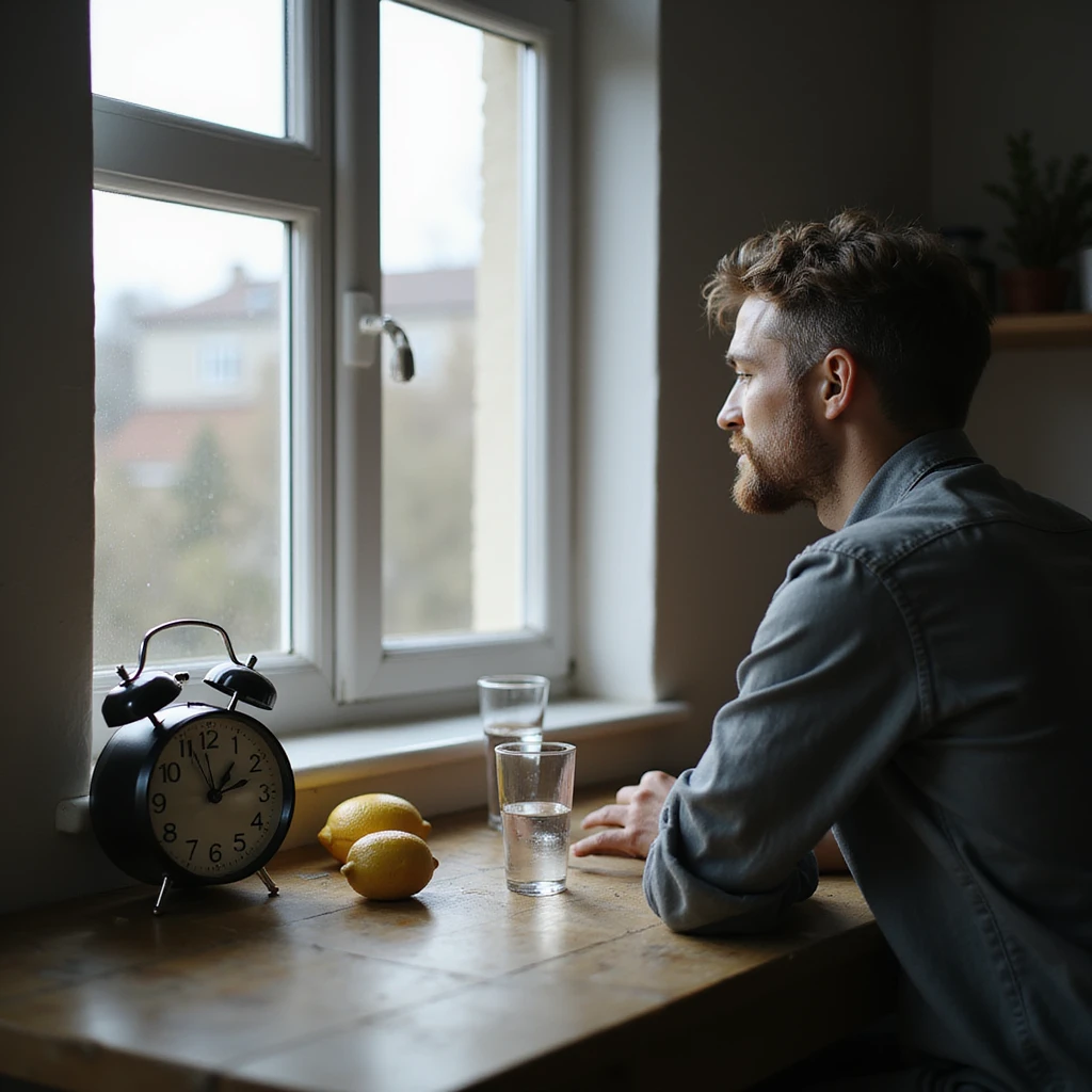 hyperrealistic 4K image of a man looking out the window, table set only with water and lemon, kitchen clock prominently showing 23 hours, atmosphere of waiting and concentration, Zen environment emoji