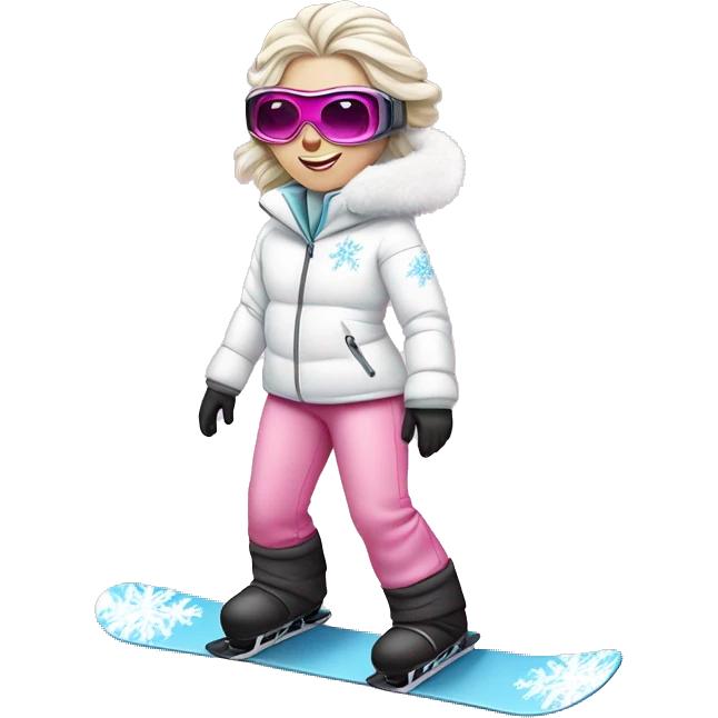 Princess Elsa snowboarding wearing a fluffy white jacket and pink pants and metal goggles emoji