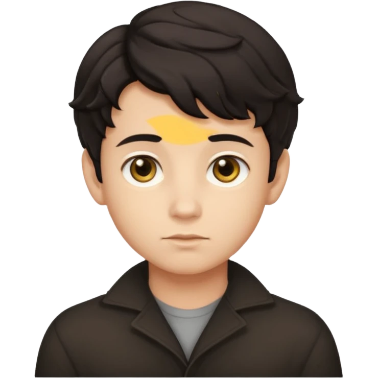 This avatar of boy has tightly curled dark hair styled upward, a rounded face with golden-brown eyes, and a neutral expression emoji
