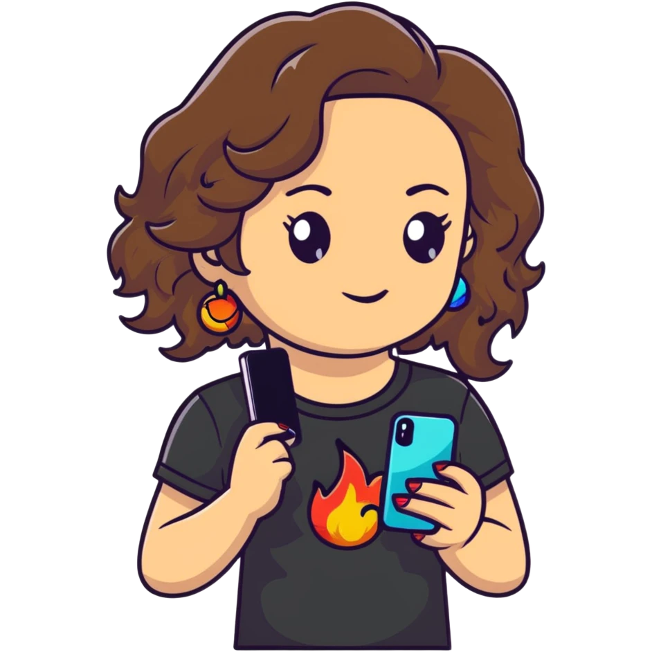 brunette girl with wavy medium length hair, brown eyes, light/medium skin tone, holding iPhone and light phone, wearing black tee shirt with flames on it and colorful beaded charm necklace emoji