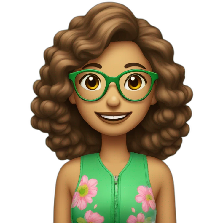 Chica pelo encima hombro y color marrón con gafas verdes, sonrisa amplia y labios pintados de rosa emoji