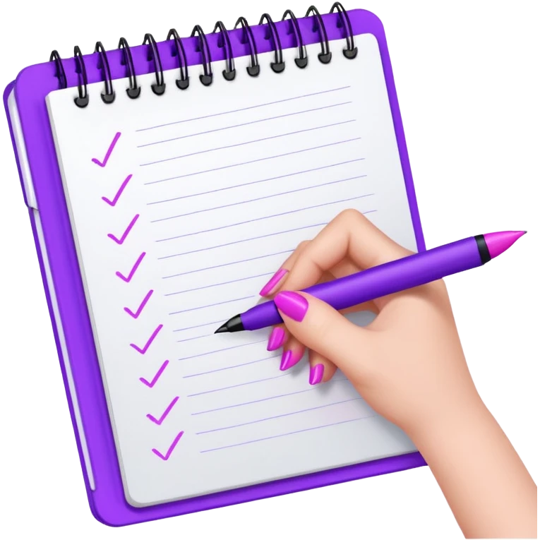 close-up of a woman's hand with purple manicure writing in a notebook using a pink pen emoji