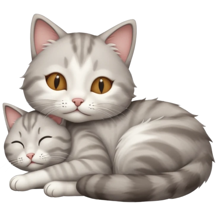 grey and white small cat with its eyes closed lying down with his head leaning on his paw emoji