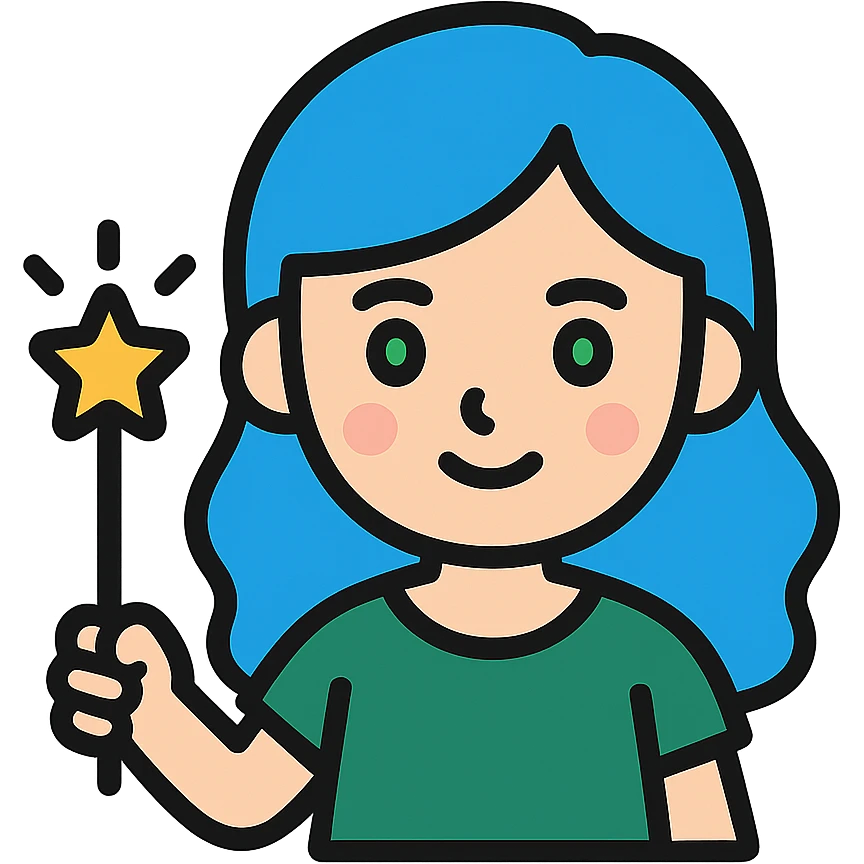 beautiful girl with blue hair and green eyes, holding a magic wand, wearing a dark green dress, color icon style emoji