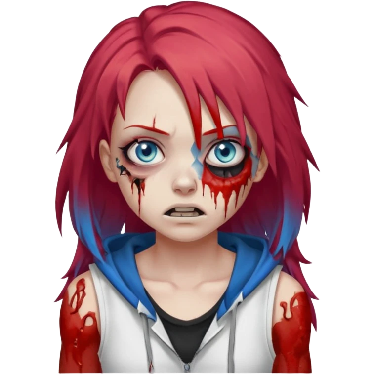 сделай рыжую девушку зомби с избитым лицом, не в полный рост, пусть ее рыжие волосы будут ниже груди с осветленными прядями, глаза у нее будут голубые, а одета она будет в дранную белую майку и черную зип худи emoji