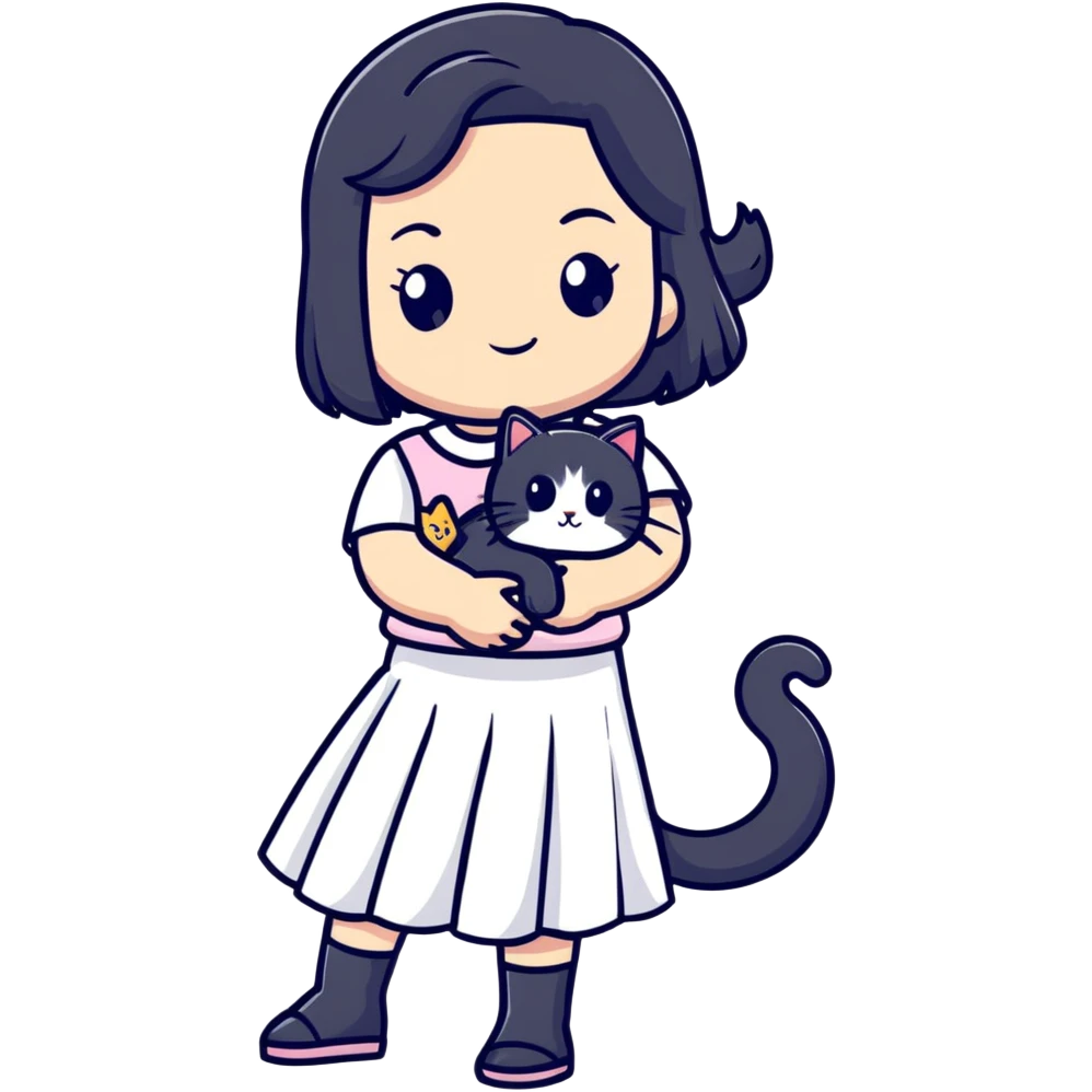 A beautiful girl with long black hair wearing a white skirt holds a cute white cat in her arms emoji