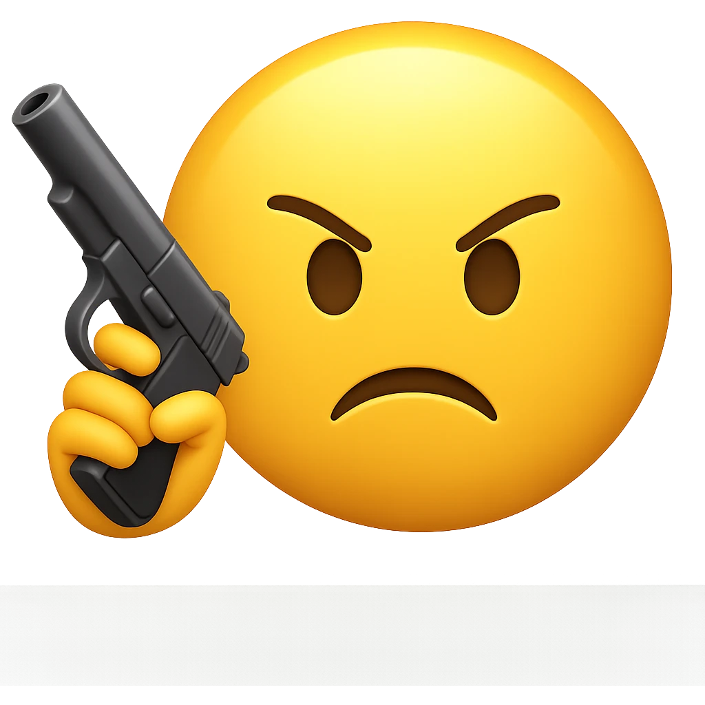 Create a classic yellow angry emoji holding a gun in hand, in the style of Apple emojis, with no background. emoji