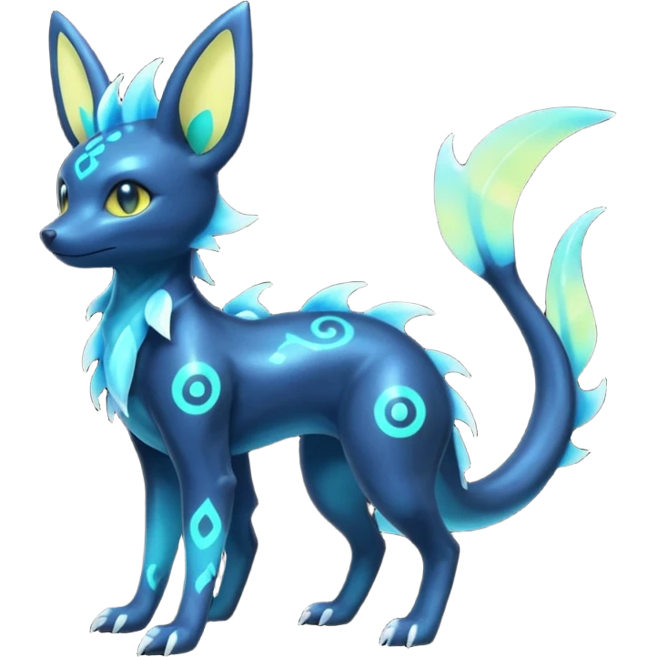 Shiny Aural Iridescent Fluorescent Bioluminescent Umbreon-Amaura-Salandit-Vaporeon-Fakémon-fusion (full body) emoji
