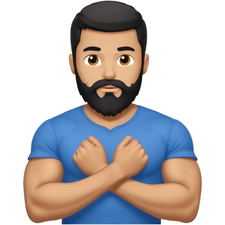 generate an ios genmoji of a 20 year old tan boy with long long long black beard that reaches his chest. Big biceps. wearing a blue shirt that fits his arms emoji