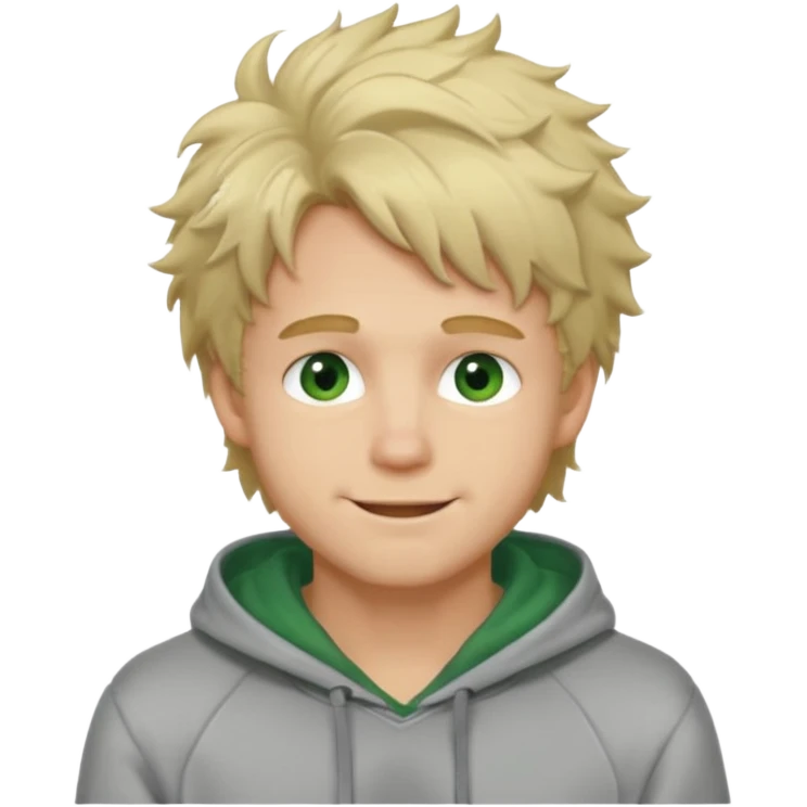 Handsome, fluffy messy  hair blond guy with green eyes and grey hoodie closed mouth emoji