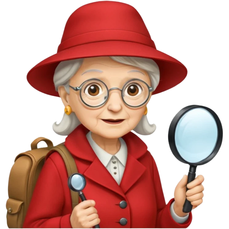 scout old woman with hat, backpack and magnifying glass, red emoji