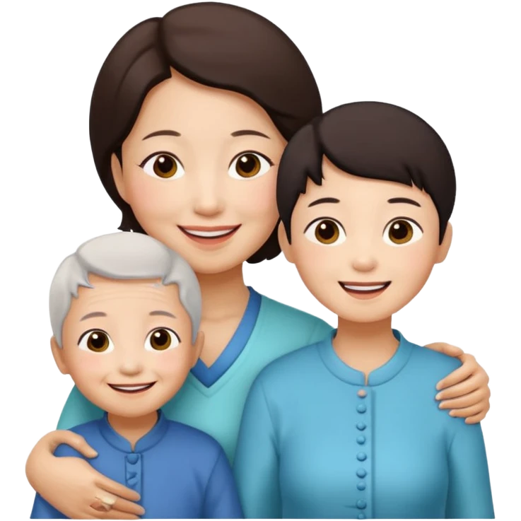 two chinese kids with their mother and grand mother smiling emoji