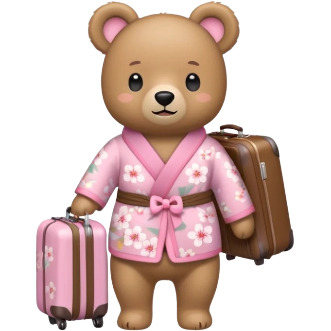 A cute light-brown bear wearing a pastel pink sakura-patterned kimono, normal balanced body ratio.  
Pulling a small suitcase with cheerful excited eyes, backpack on the back, ready for a trip.  
Kawaii emoji style, minimalistic clean sticker illustration, white background. emoji