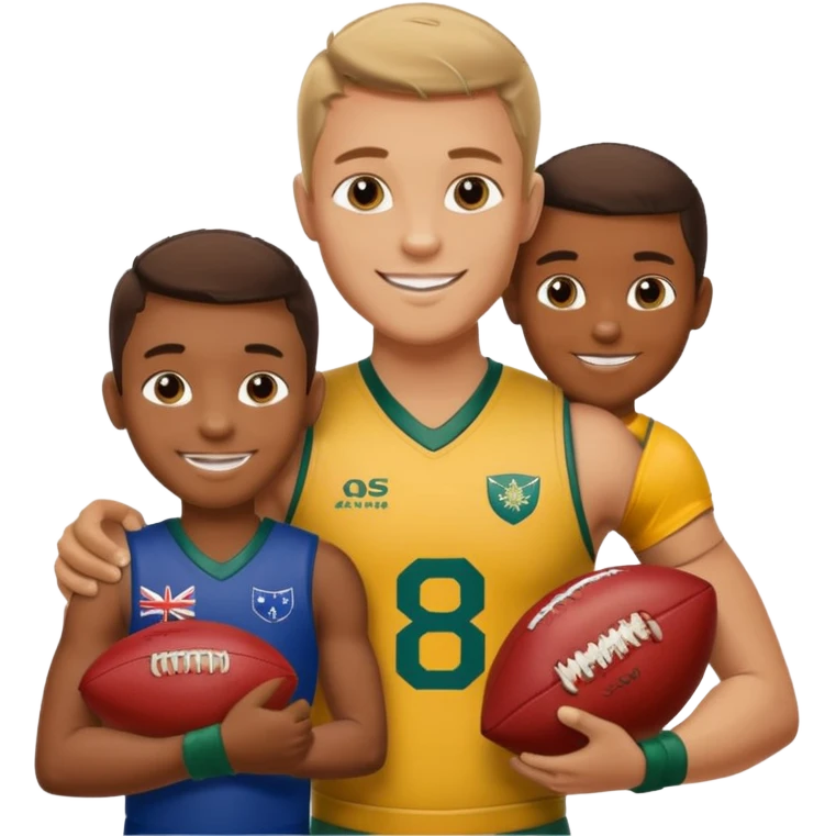 A sportsman has his arm around a young fan and they are holding a AFL sherrin, they are in australian colours, they are smiling, one is white and one is brown emoji
