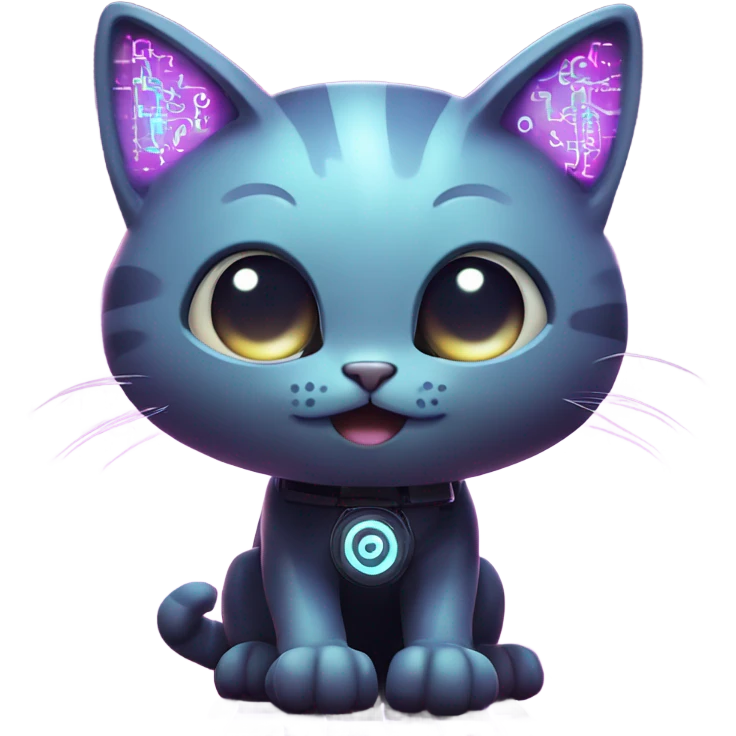 A futuristic cat with glowing circuit patterns on its fur, sitting on a keyboard with a tiny holographic display projecting from its paws. emoji