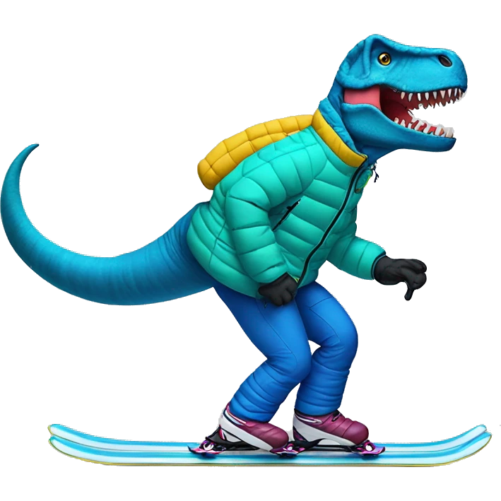 Tyrannosaurus rex downhill skiing wearing a puffer jacket, vibrant colors emoji